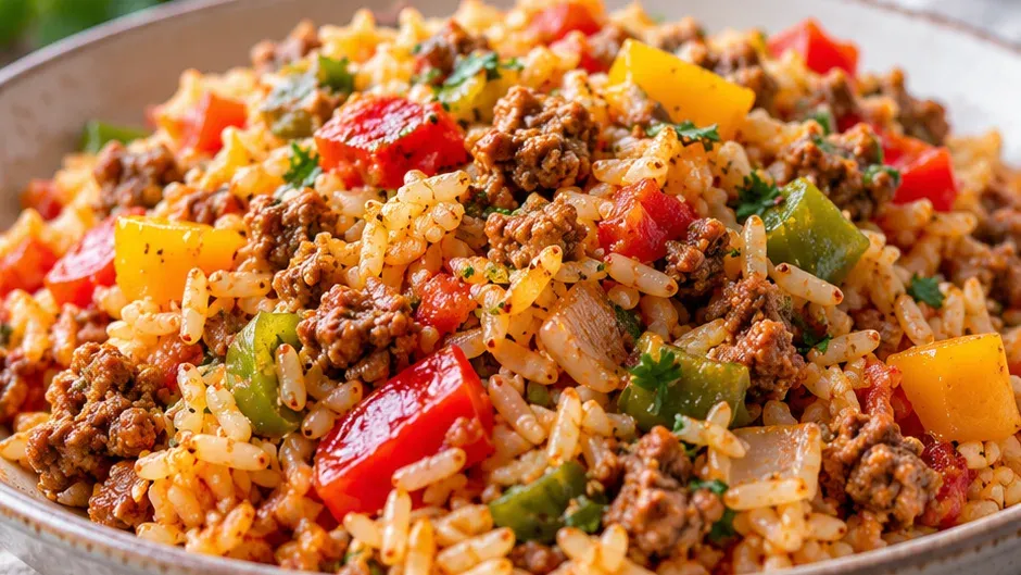 Foto de arroz com Carne Moída e Pimentão de Panela Só pronto para servir