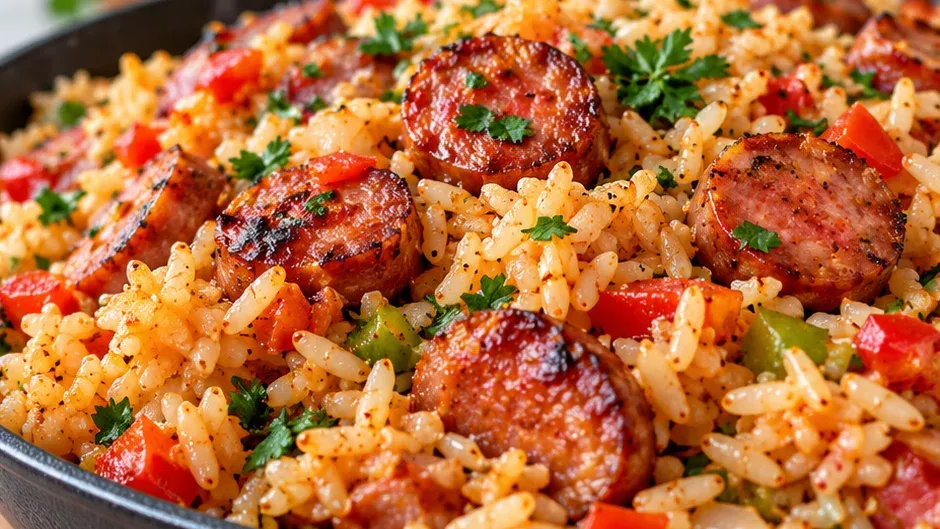 Frigideira de ferro com arroz soltinho, rodelas de linguiça douradas, pimentão vermelho e salsinha