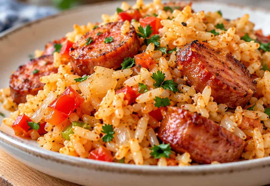 Prato raso com arroz com linguiça, pimentão picado e cheiro-verde