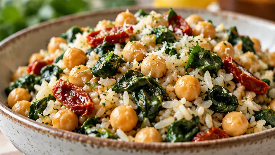 Foto de arroz Mediterrâneo com Espinafre e Grão-de-Bico pronto para servir