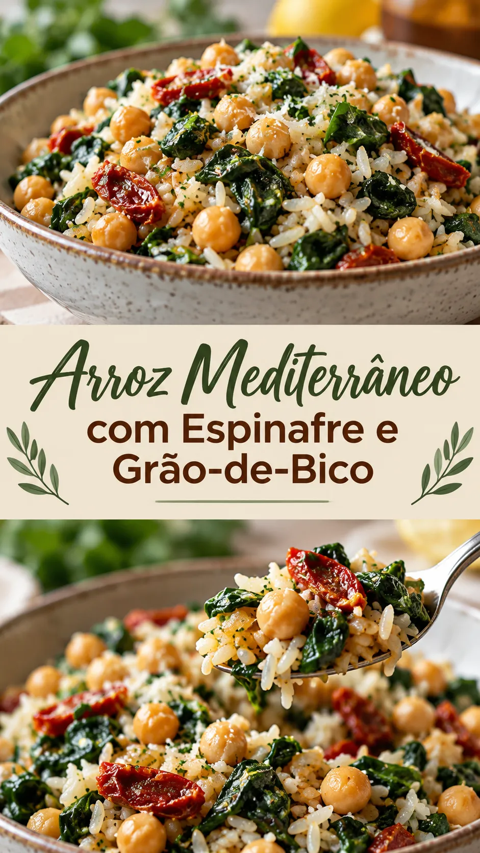 Imagem para o Pinterest com o título “Arroz Mediterrâneo com Espinafre e Grão-de-Bico” e duas fotos da receita
