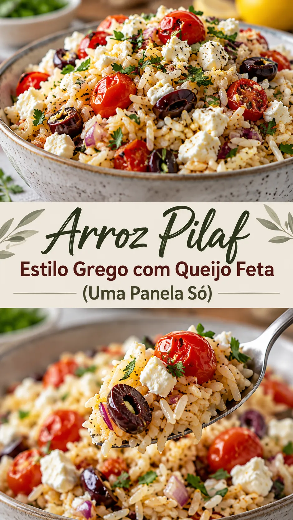 Imagem para o Pinterest com o título “Arroz Pilaf Estilo Grego com Queijo Feta (Uma Panela Só)” e duas fotos da receita