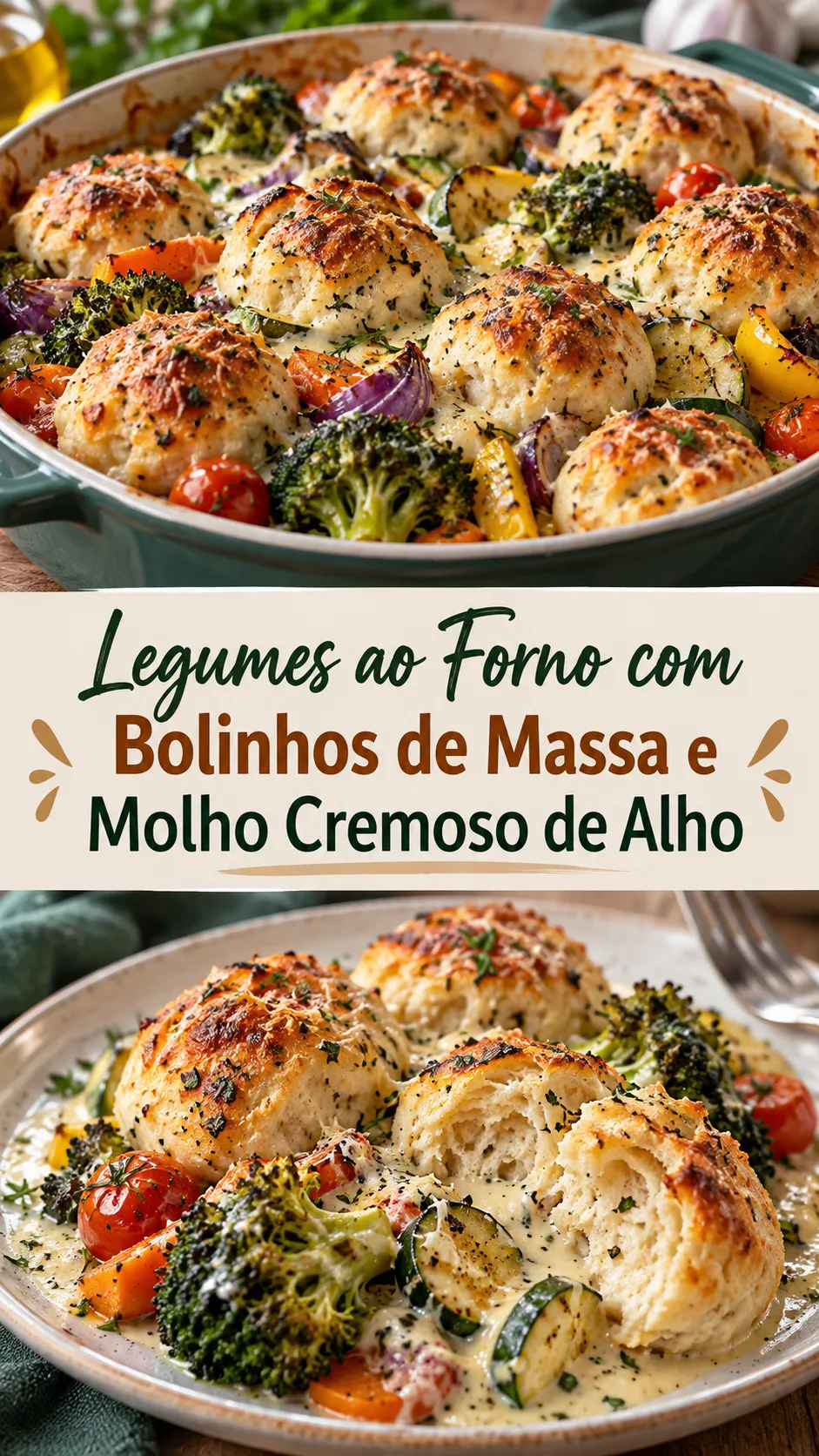 Imagem para o Pinterest com o título “Legumes ao Forno com Bolinhos de Massa e Molho Cremoso de Alho” e duas fotos da receita
