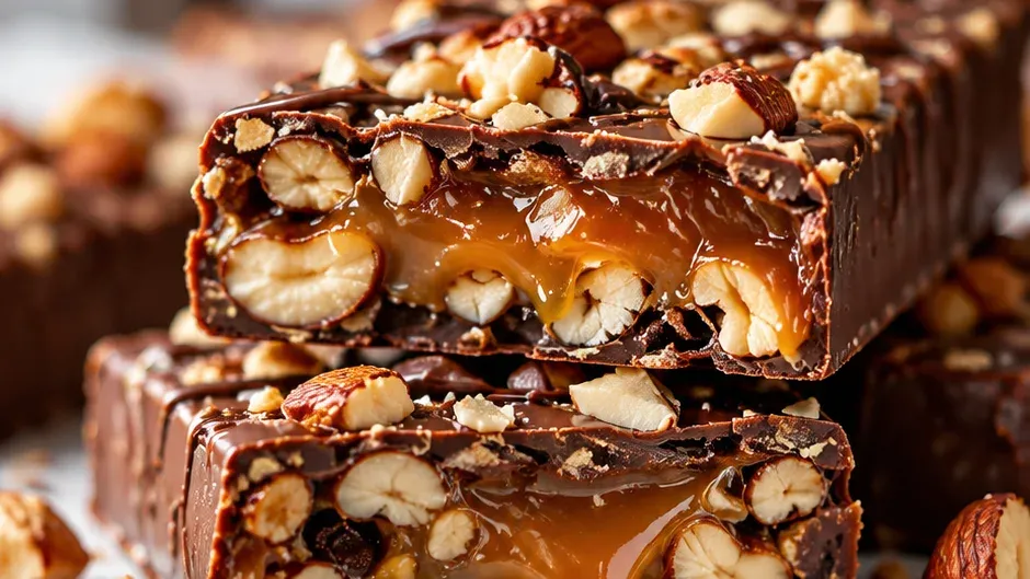 Foto de barra de Chocolate com Caramelo e Castanhas pronto para servir