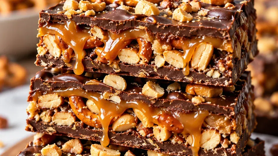 Foto de barrinha de Chocolate com Pretzel, Amendoim e Caramelo pronto para servir