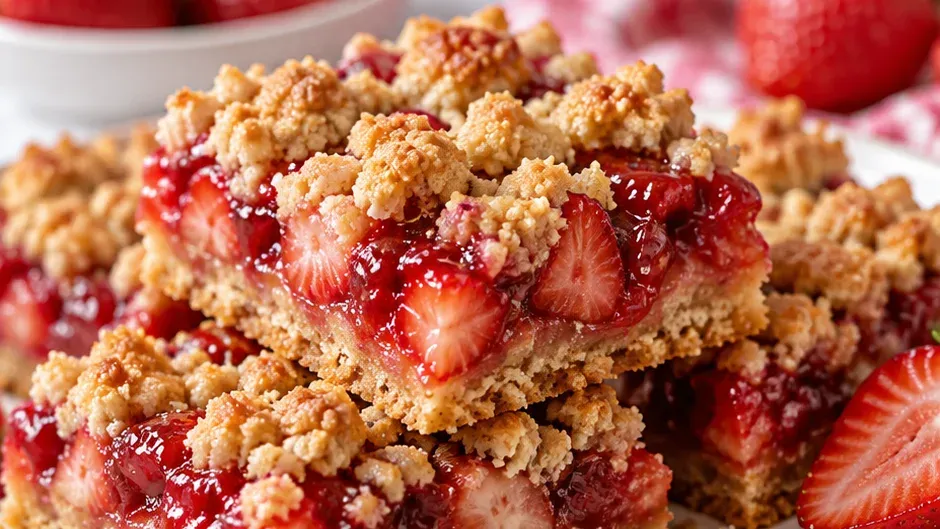 Foto de barrinhas de Morango com Crumble Crocante de Manteiga pronto para servir
