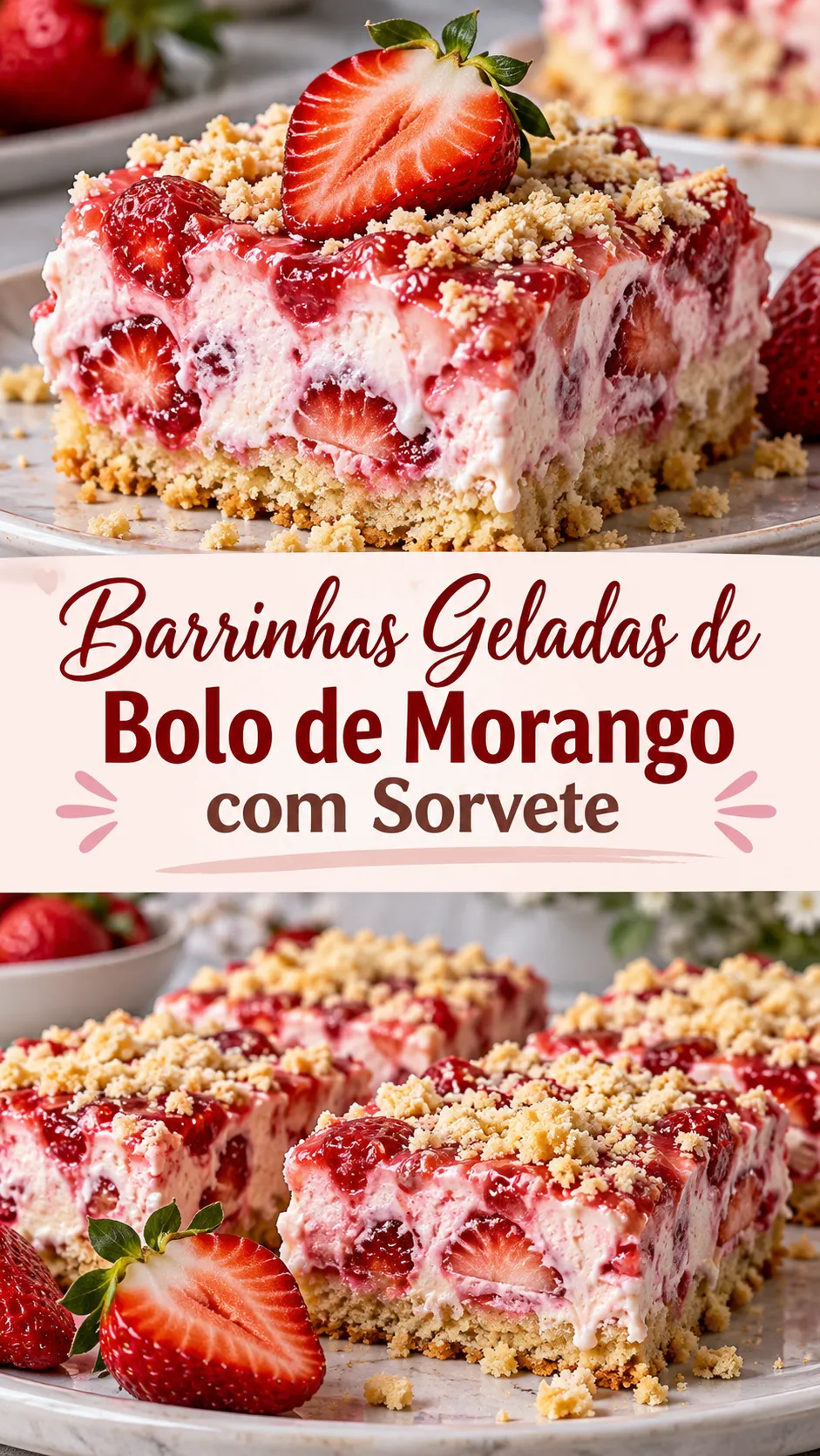 Imagem para o Pinterest com o título “Barrinhas Geladas de Bolo de Morango com Sorvete” e duas fotos da receita