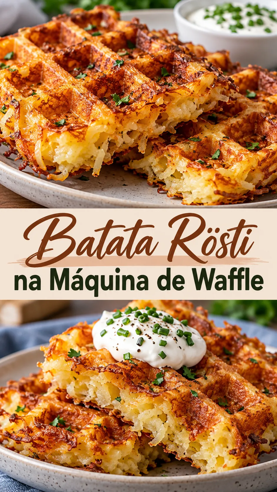 Imagem para o Pinterest com o título “Batata Rösti na Máquina de Waffle” e duas fotos da receita
