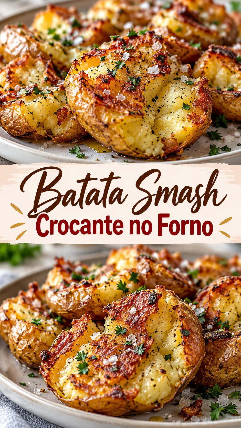 Imagem para o Pinterest com o título “Batata Smash Crocante no Forno” e duas fotos da receita