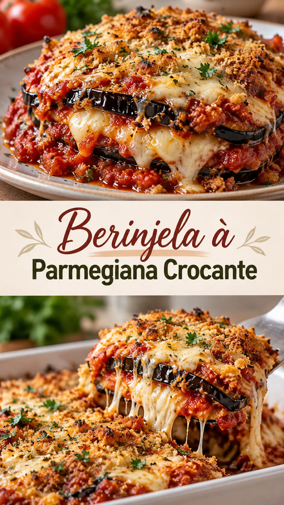 Imagem para o Pinterest com o título “Berinjela à Parmegiana Crocante” e duas fotos da receita