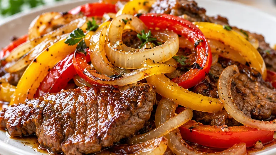 Foto de bife Acebolado com Pimentões pronto para servir