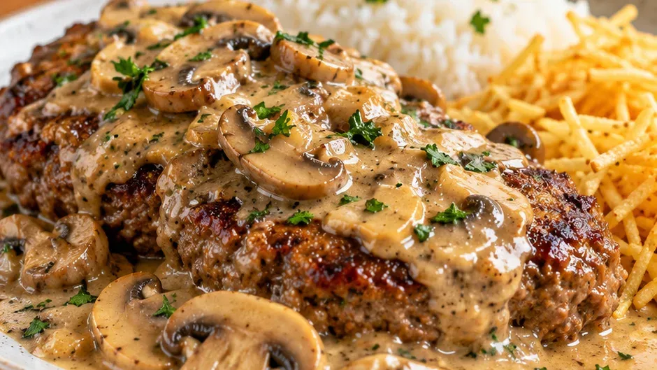 Foto de bife de Carne Moída ao Molho de Champignon pronto para servir