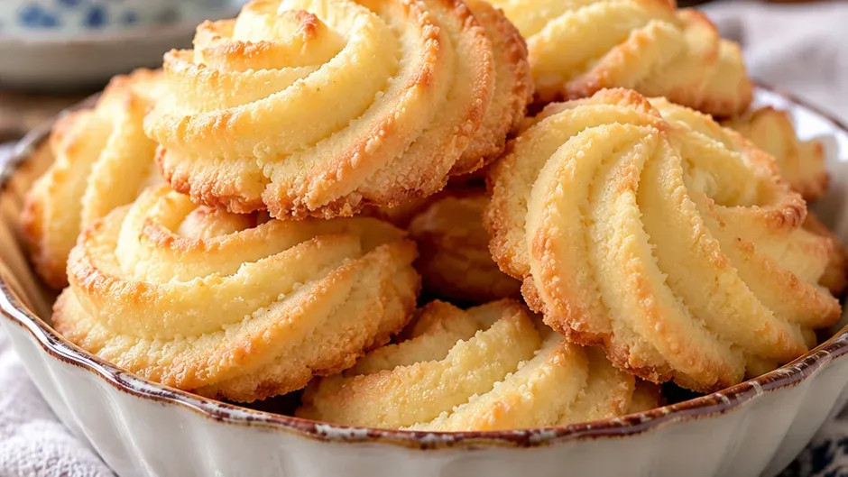 Tigela branca cheia de biscoitos amanteigados em formato de espiral, bem dourados nas bordas