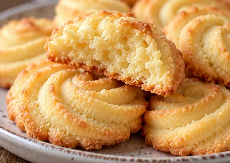 Biscoito amanteigado partido ao meio mostrando o miolo macio, sobre outros biscoitos