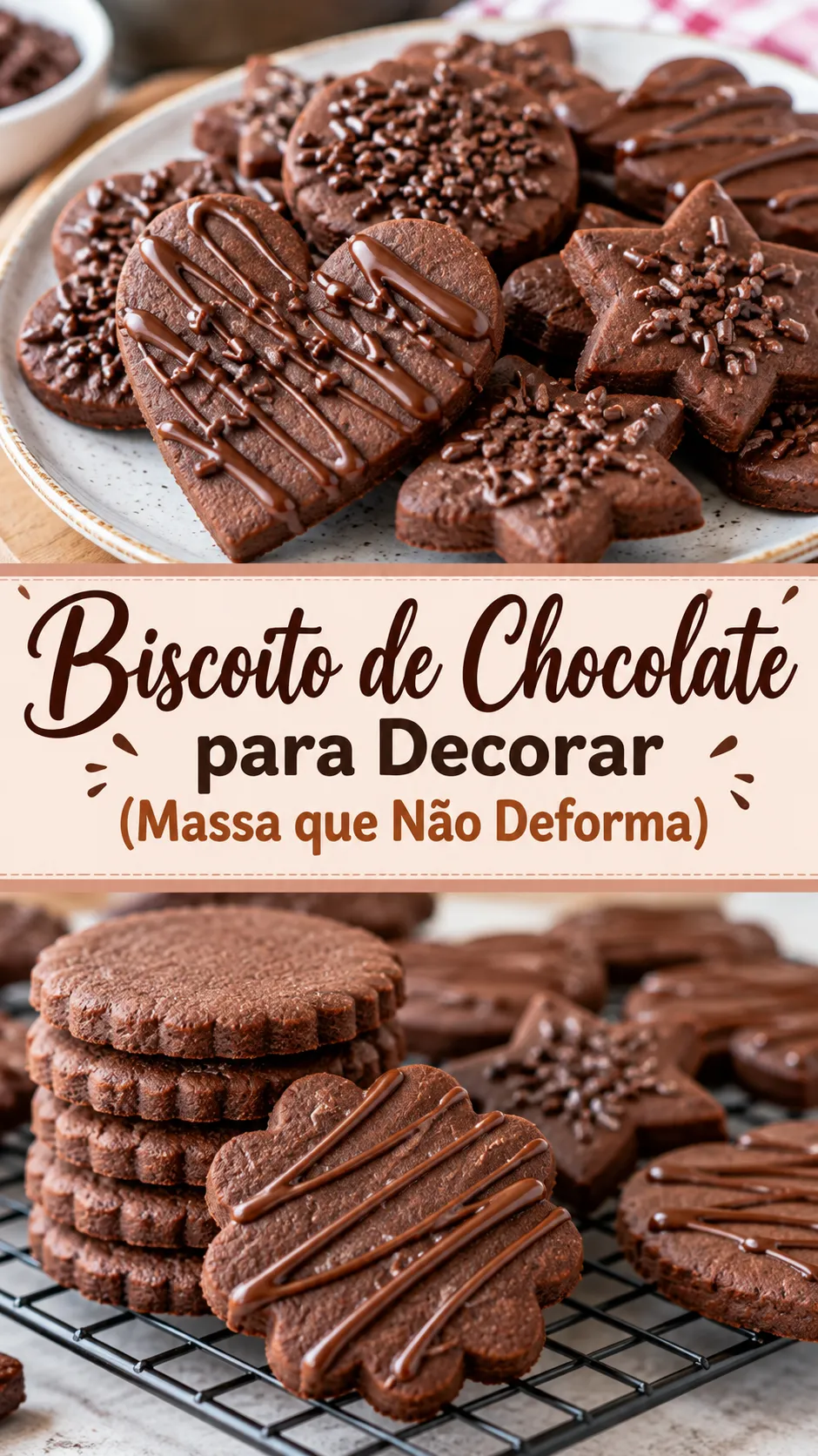 Imagem para o Pinterest com o título “Biscoito de Chocolate para Decorar (Massa que Não Deforma)” e duas fotos da receita