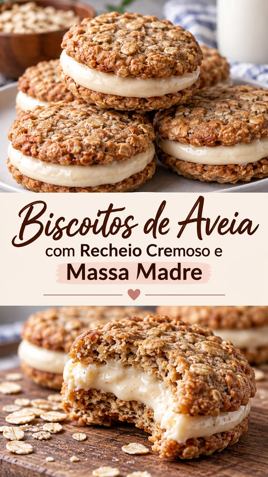 Imagem para o Pinterest com o título “Biscoitos de Aveia com Recheio Cremoso e Massa Madre” e duas fotos da receita