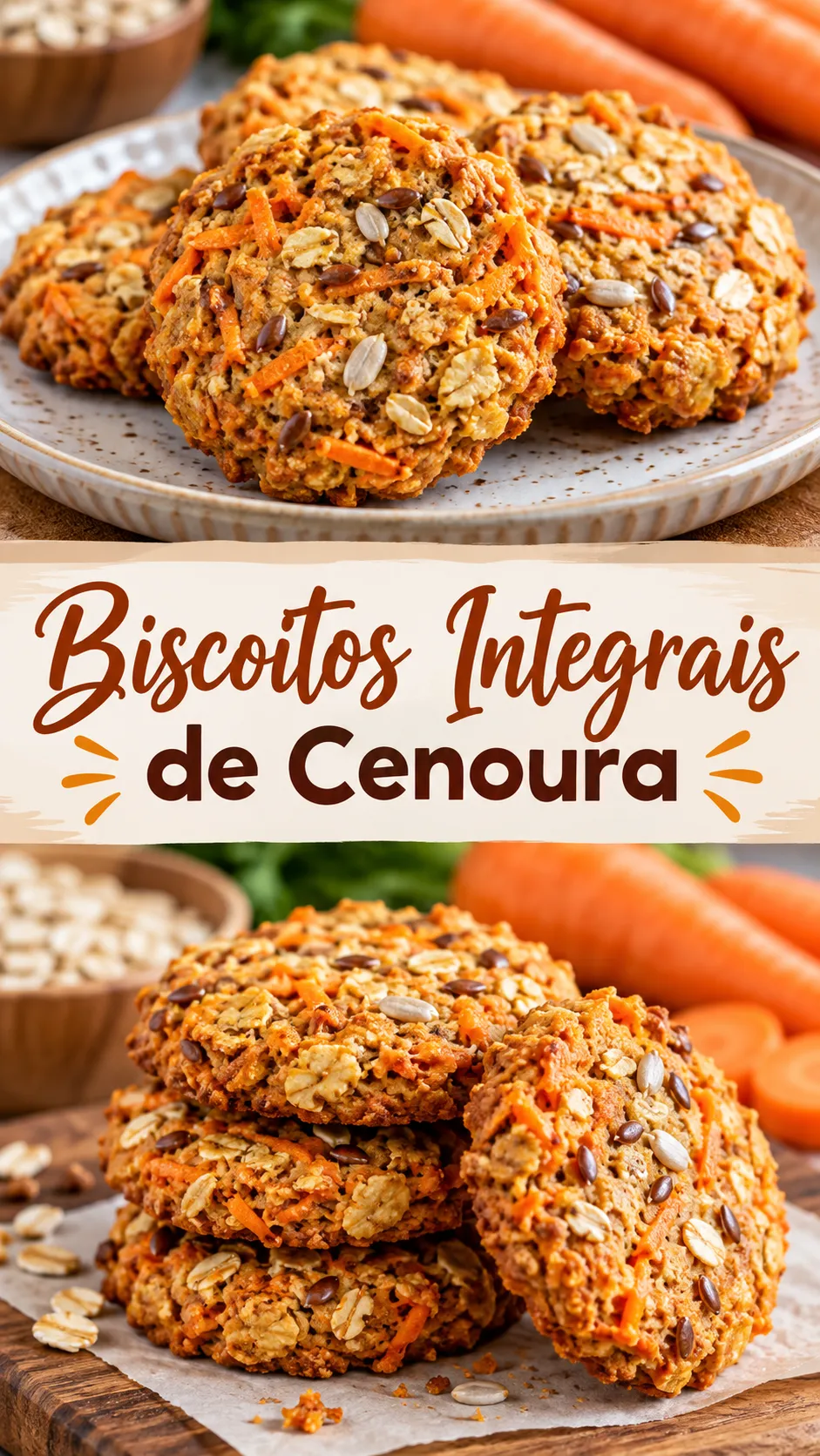 Imagem para o Pinterest com o título “Biscoitos Integrais de Cenoura” e duas fotos da receita