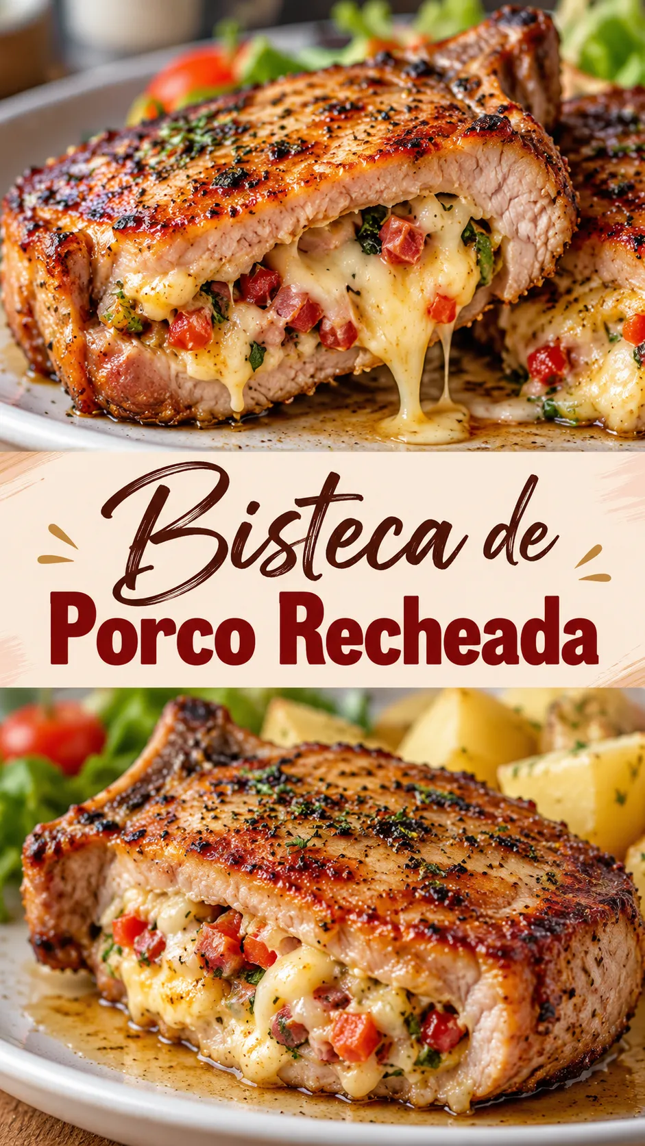 Imagem para o Pinterest com o título “Bisteca de Porco Recheada” e duas fotos da receita