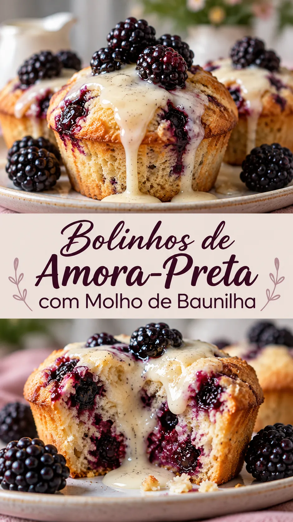 Imagem para o Pinterest com o título “Bolinhos de Amora-Preta com Molho de Baunilha” e duas fotos da receita
