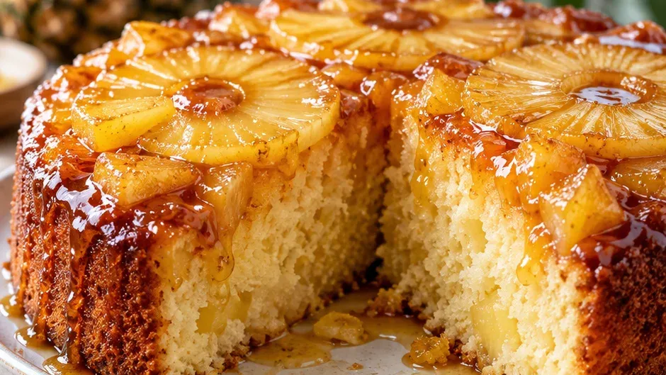 Foto de bolo de Abacaxi com Calda Tropical pronto para servir