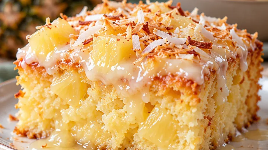 Foto de bolo de Abacaxi Molhadinho com Suco Natural pronto para servir