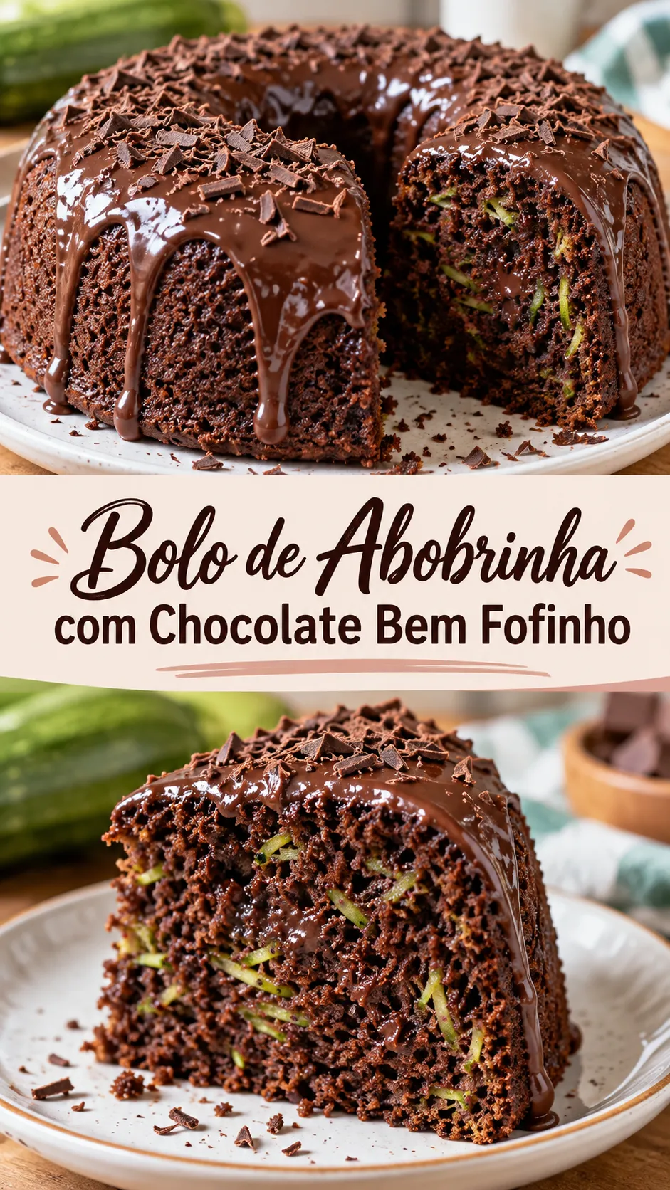 Imagem para o Pinterest com o título “Bolo de Abobrinha com Chocolate Bem Fofinho” e duas fotos da receita