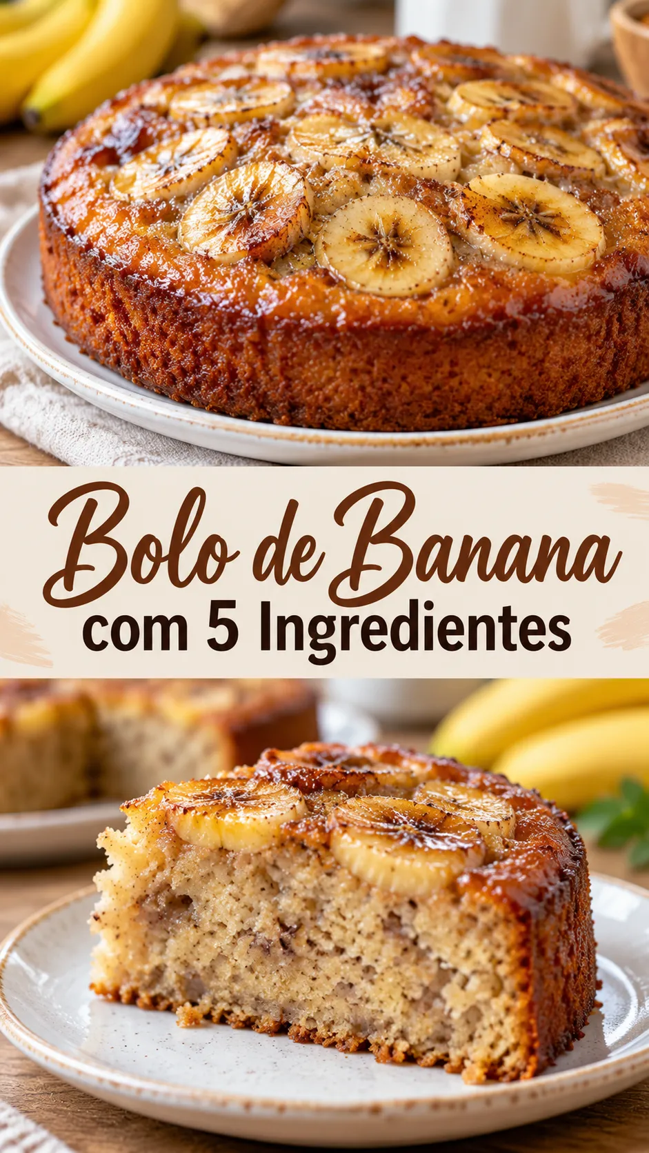 Imagem para o Pinterest com o título “Bolo de Banana com 5 Ingredientes” e duas fotos da receita