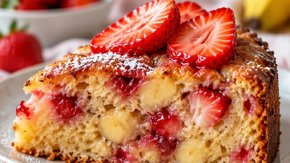 Foto de bolo de Banana com Morango pronto para servir