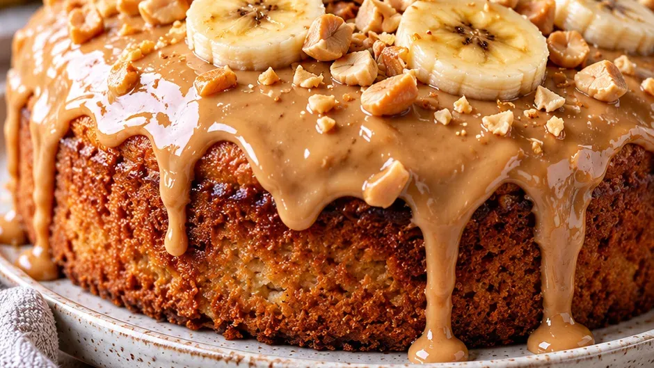 Foto de bolo de Banana com Pasta de Amendoim pronto para servir