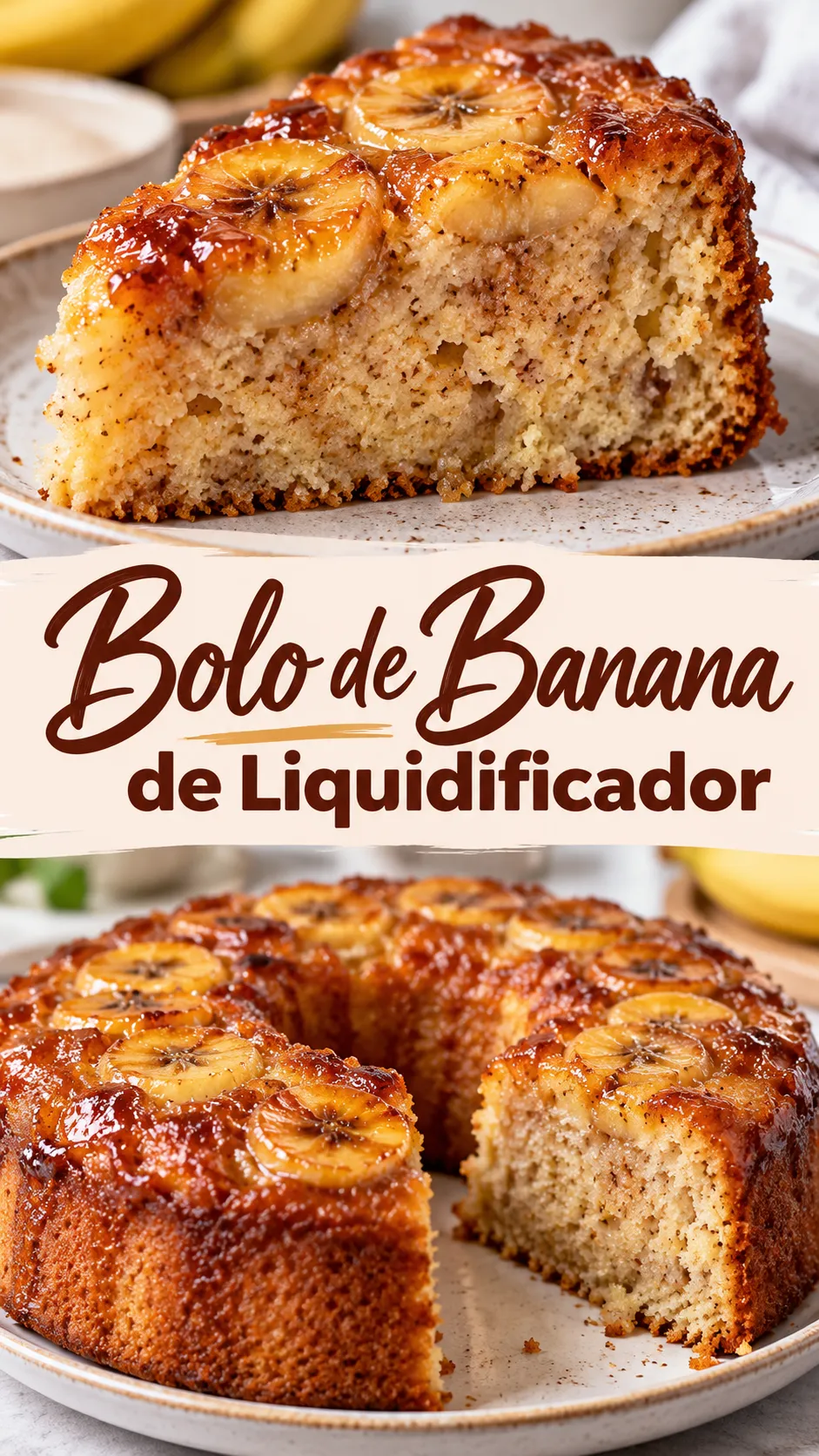 Imagem para o Pinterest com o título “Bolo de Banana de Liquidificador” e duas fotos da receita