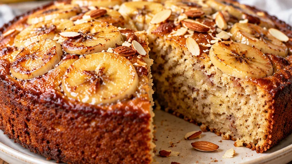 Foto de bolo de Banana Low Carb com Farinha de Amêndoas pronto para servir