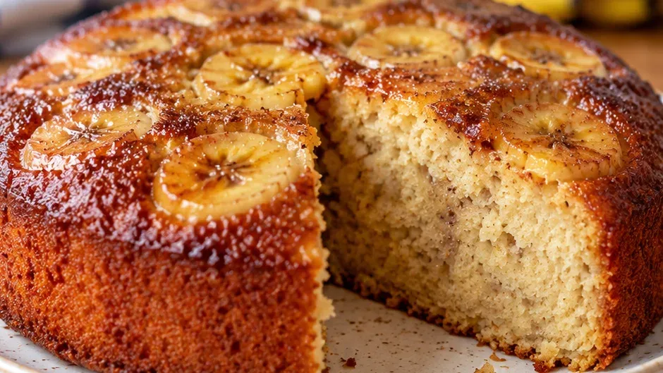 Foto de bolo de Banana Sem Ovo Fofinho pronto para servir