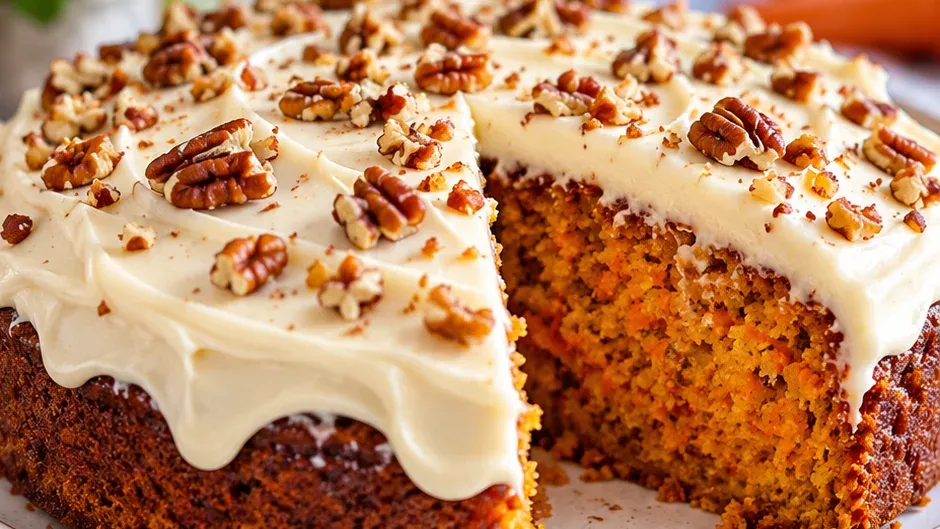 Foto de bolo de Cenoura Americano com Cobertura de Cream Cheese pronto para servir