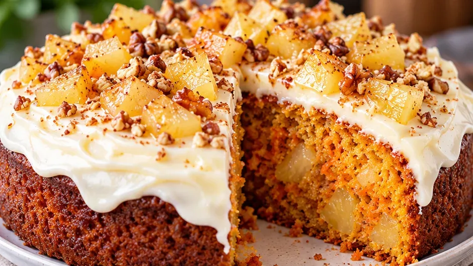 Foto de bolo de Cenoura com Abacaxi e Cobertura de Cream Cheese pronto para servir