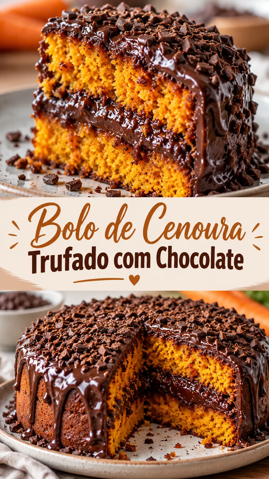 Imagem para o Pinterest com o título “Bolo de Cenoura Trufado com Chocolate” e duas fotos da receita