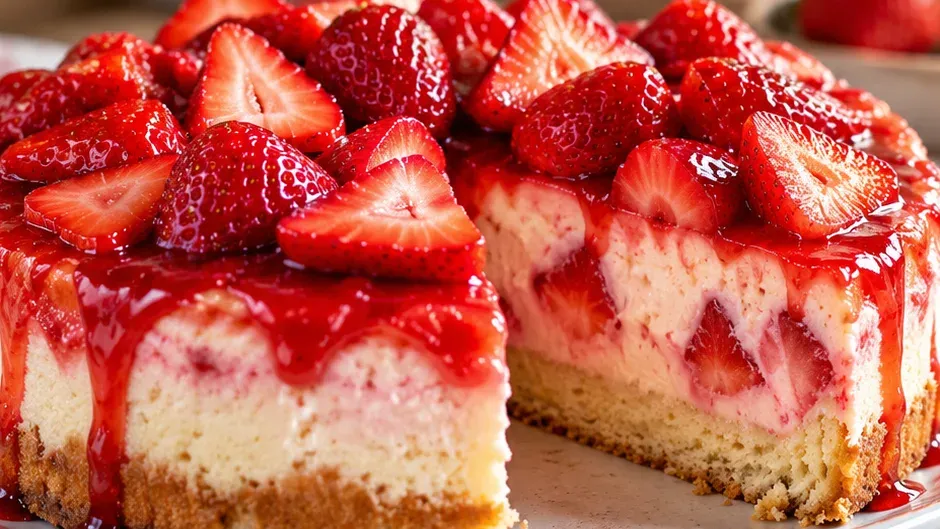 Foto de bolo de Cheesecake de Morango Sem Batedeira pronto para servir