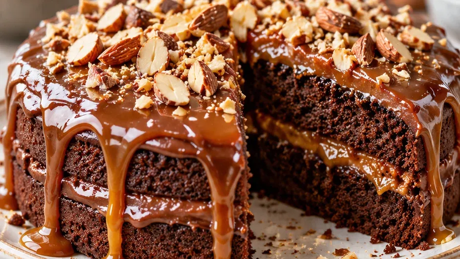 Foto de bolo de Chocolate com Amêndoas e Caramelo pronto para servir