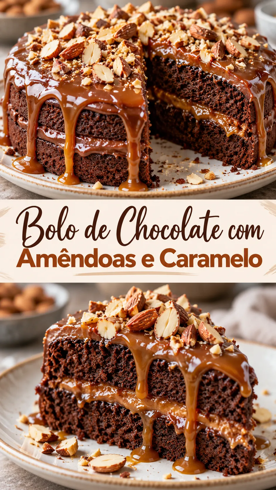 Imagem para o Pinterest com o título “Bolo de Chocolate com Amêndoas e Caramelo” e duas fotos da receita