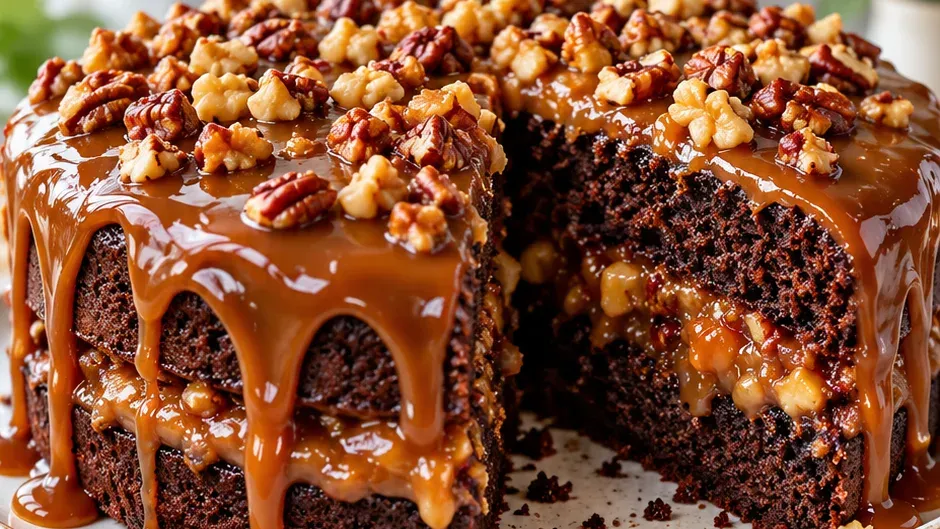 Foto de bolo de Chocolate com Caramelo e Castanhas pronto para servir