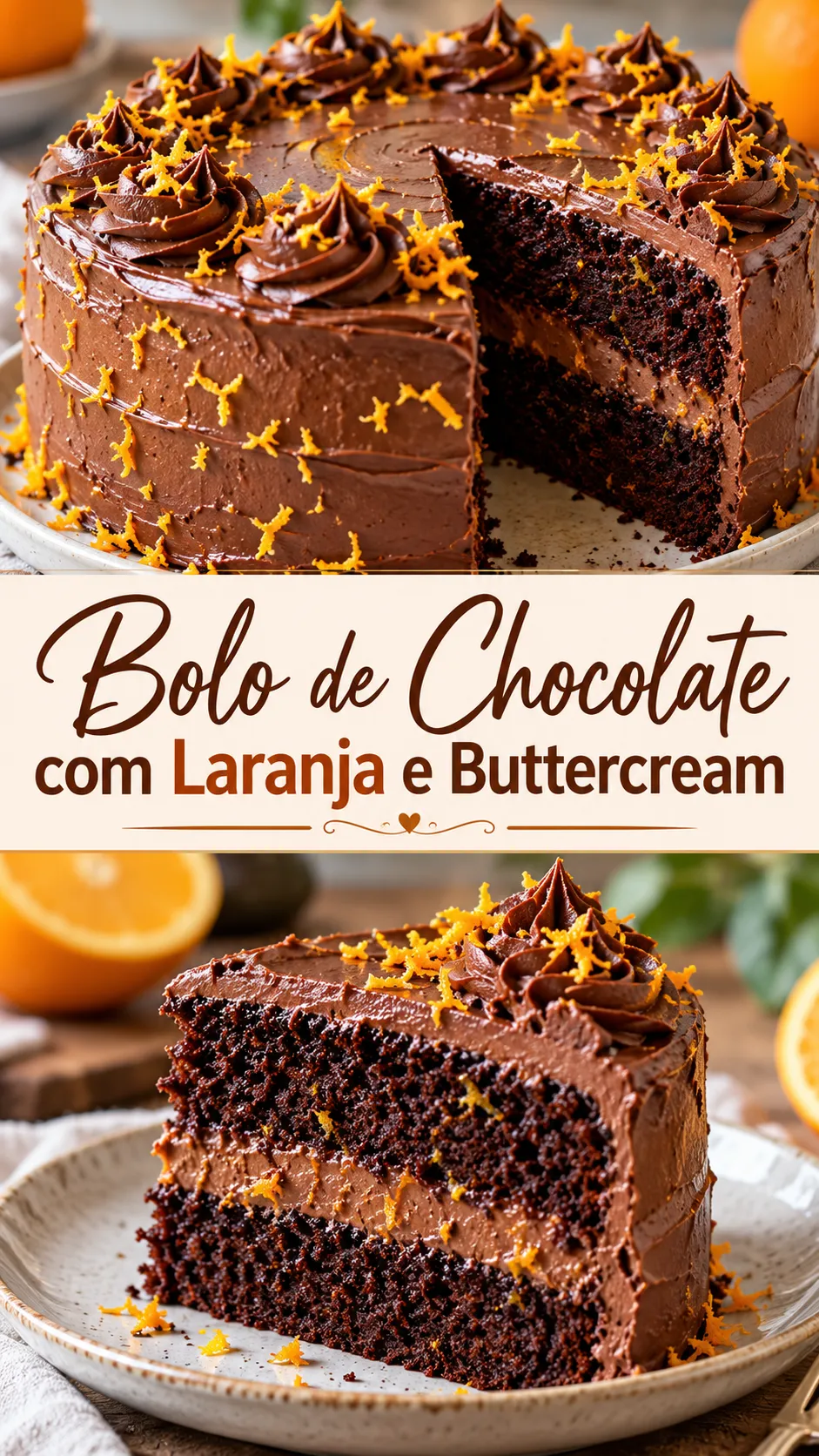 Imagem para o Pinterest com o título “Bolo de Chocolate com Laranja e Buttercream” e duas fotos da receita