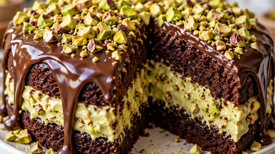 Foto de bolo de Chocolate com Pistache pronto para servir