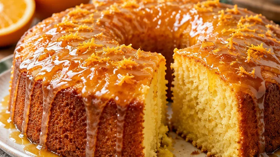 Foto de bolo de Laranja Fofinho com Calda pronto para servir