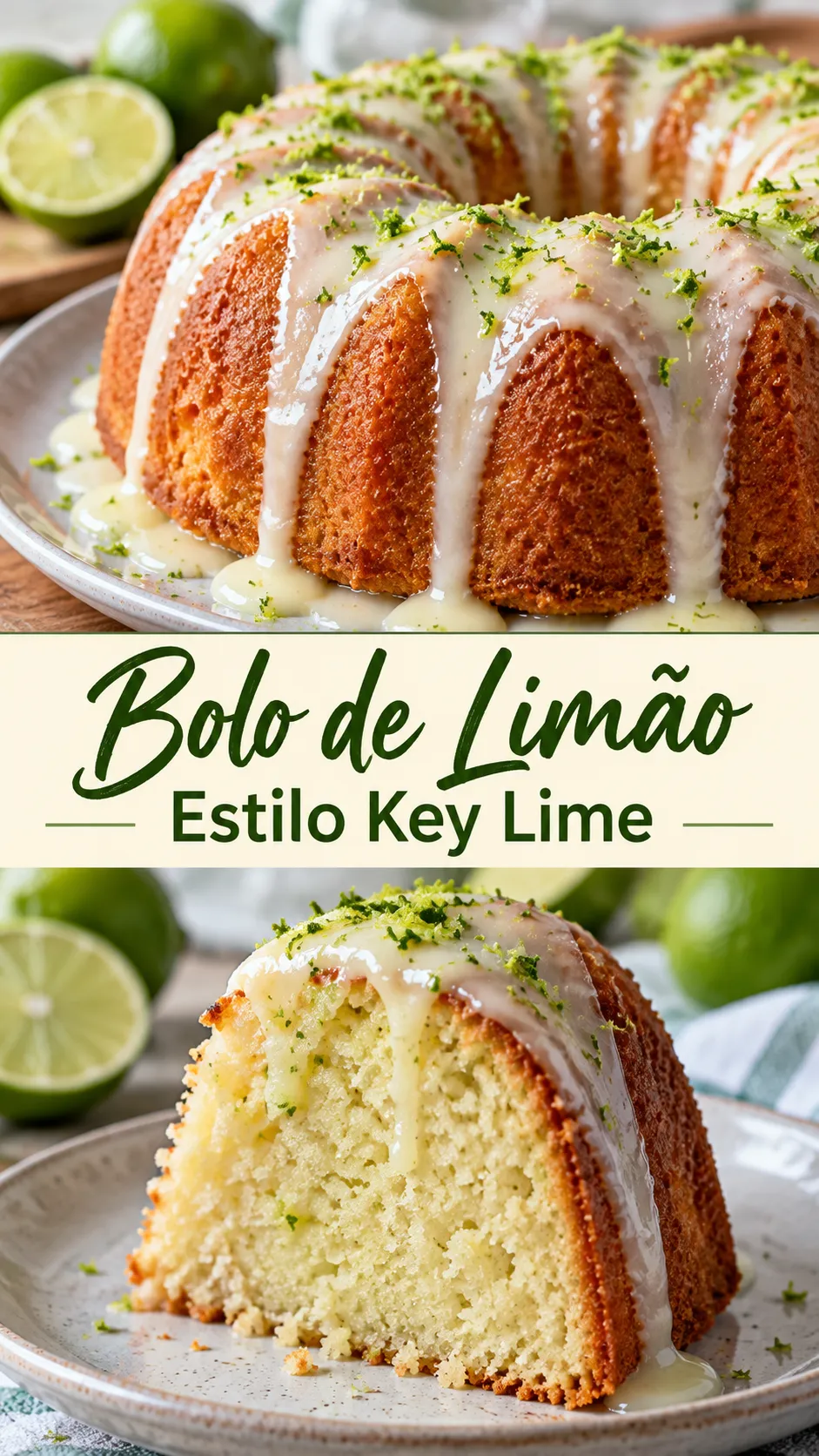 Imagem para o Pinterest com o título “Bolo de Limão Estilo Key Lime” e duas fotos da receita