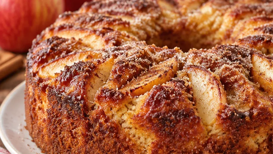 Foto de bolo de Maçã com Casquinha de Canela e Açúcar pronto para servir