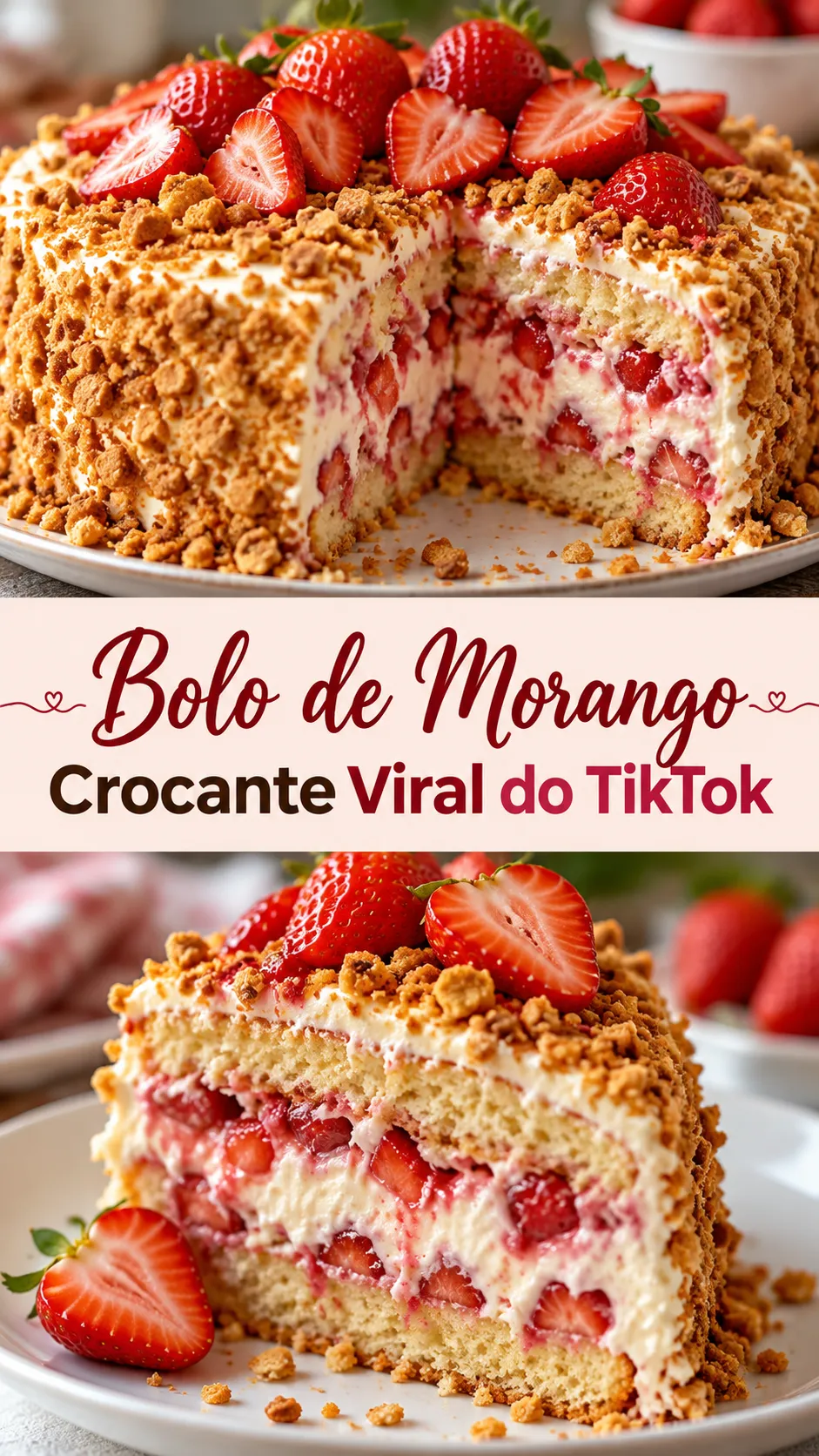 Imagem para o Pinterest com o título “Bolo de Morango Crocante Viral do TikTok” e duas fotos da receita