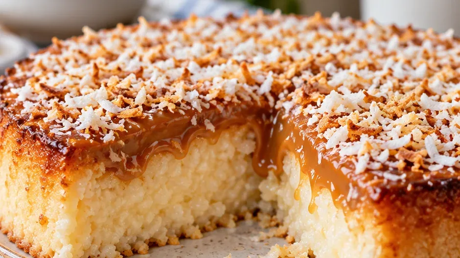 Foto de bolo de Tapioca com Doce de Leite pronto para servir
