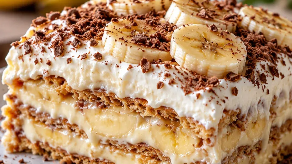 Foto de bolo Pavê de Banana em Camadas pronto para servir