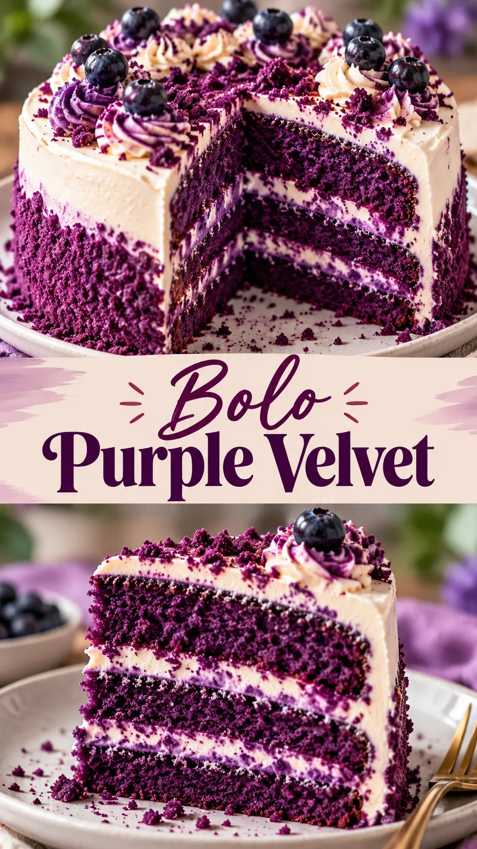 Imagem para o Pinterest com o título “Bolo Purple Velvet” e duas fotos da receita