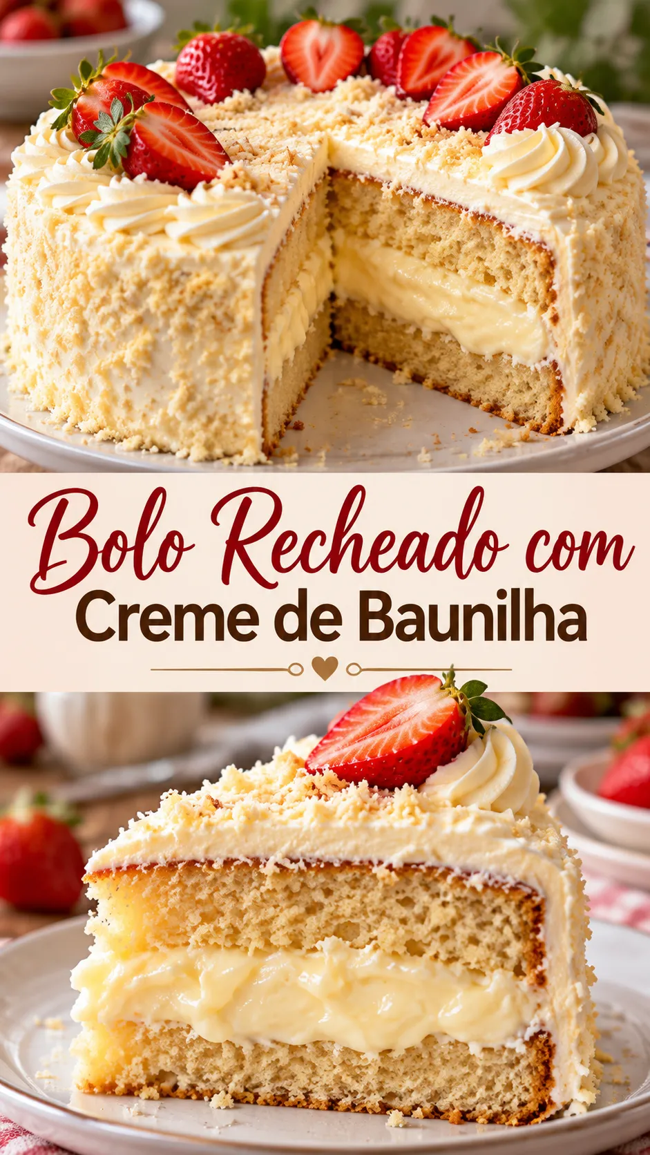 Imagem para o Pinterest com o título “Bolo Recheado com Creme de Baunilha” e duas fotos da receita