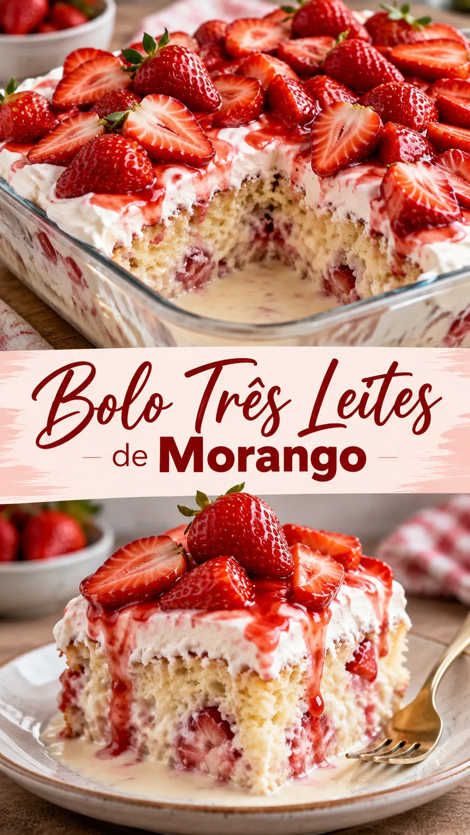 Imagem para o Pinterest com o título “Bolo Três Leites de Morango” e duas fotos da receita